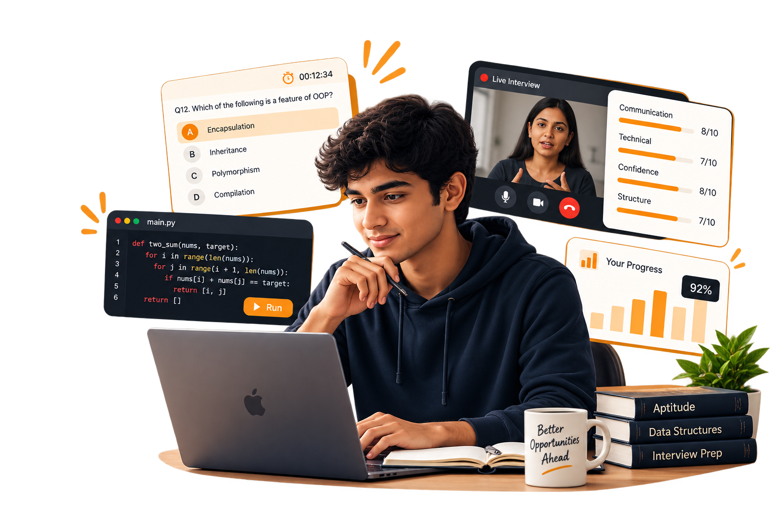 A student at a laptop with a timed multiple-choice question, a live AI interview being scored, a coding editor, and a progress chart floating around them.